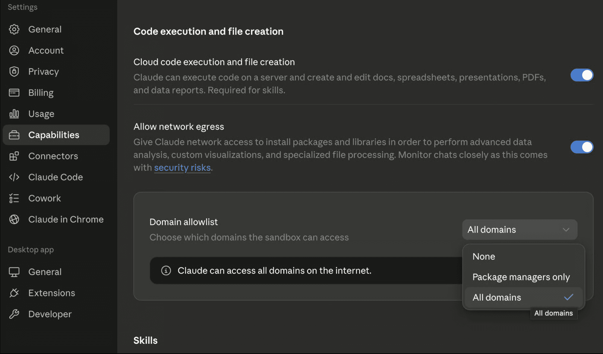 Claude Desktop Settings → Capabilities, with Allow network egress on and Domain allowlist set to All domains