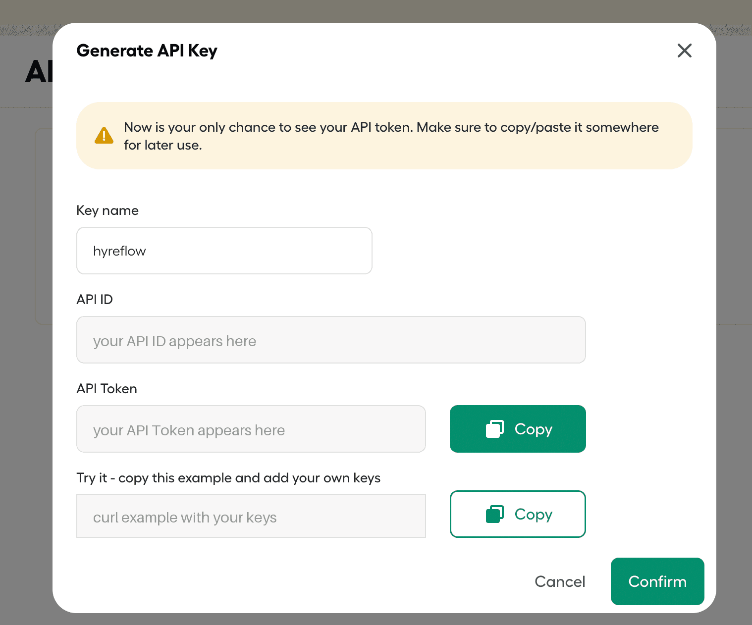 The Generate API Key window, showing the Key name, API ID and API Token fields