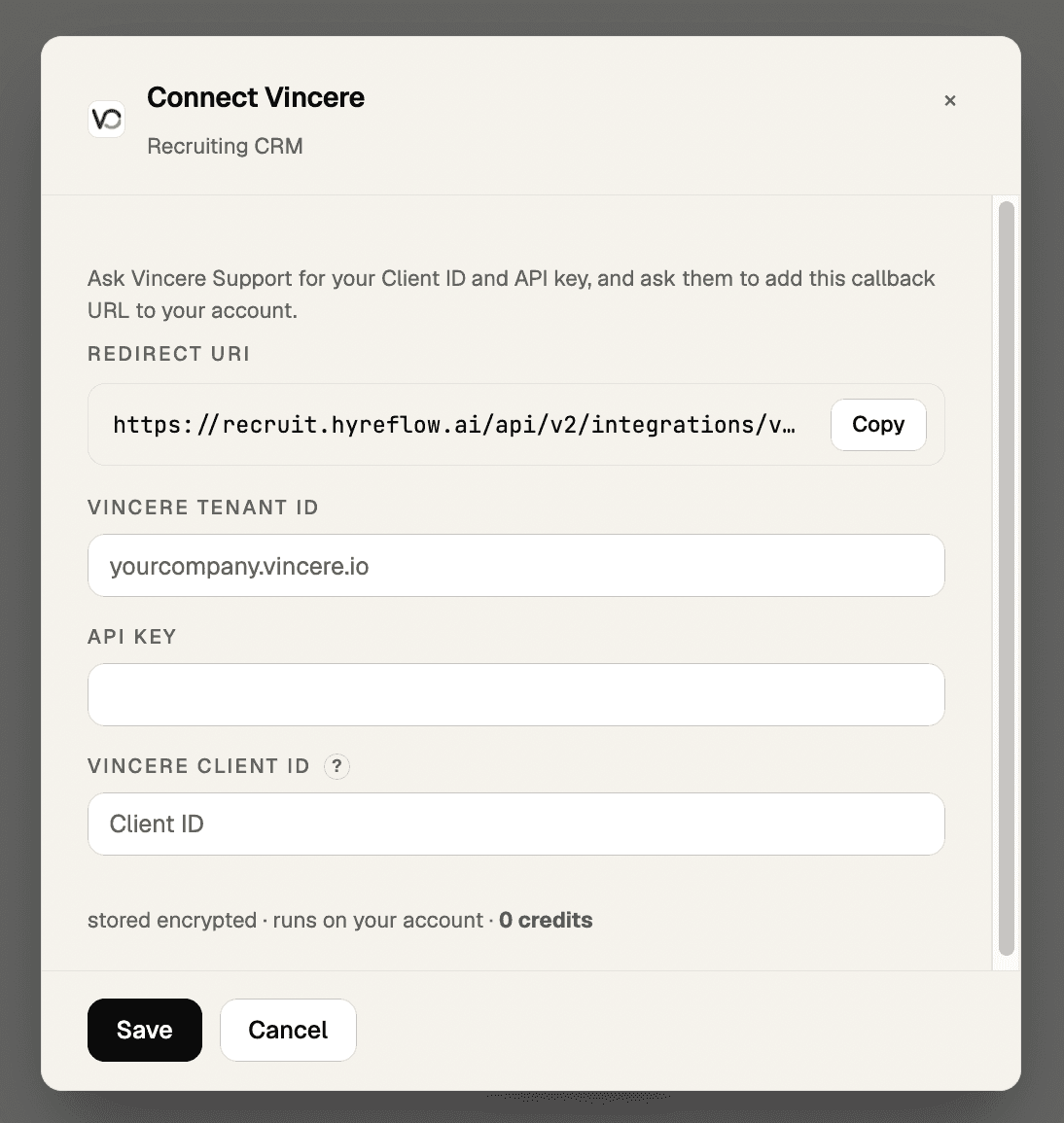 The Connect Vincere window in Hyreflow, showing the Redirect URI with a Copy button, then the Vincere Tenant Id, API Key and Vincere Client ID fields